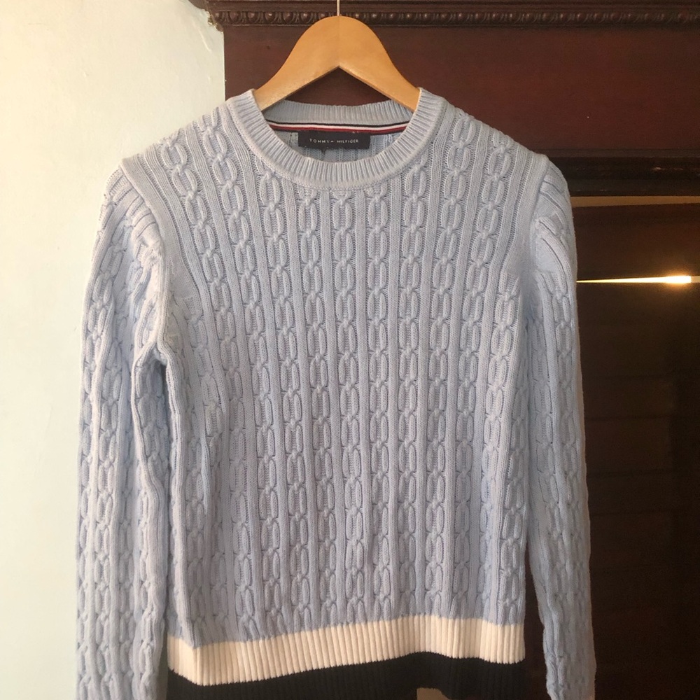 Tommy Hilfiger Pastel Blue Cable-Knit Crewneck Sweater with Contrast Bands